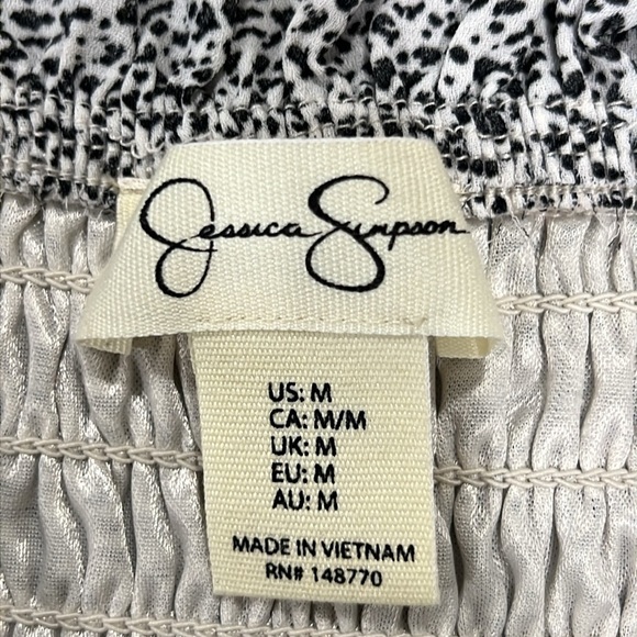 Jessica Simpson Tiered Ruffle Dress M Black White Animal Print Boho Neutral Mini - Picture 8 of 9